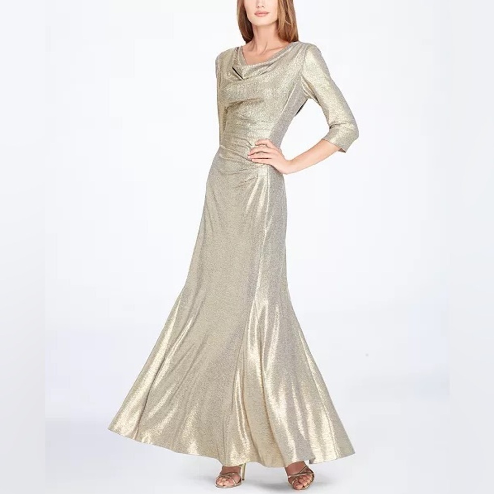Tahari Full Length Shimmering Gold Cowl Neckline Size 8 Cocktail Gown Size 8